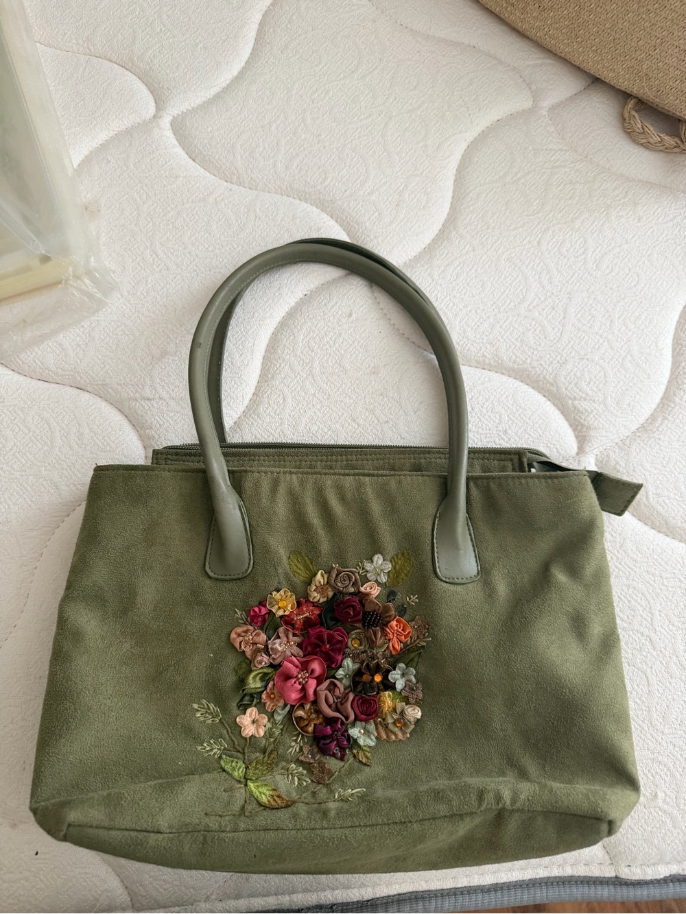 Capelli of New York Olive Green Floral Embroidered Shoulder Bag